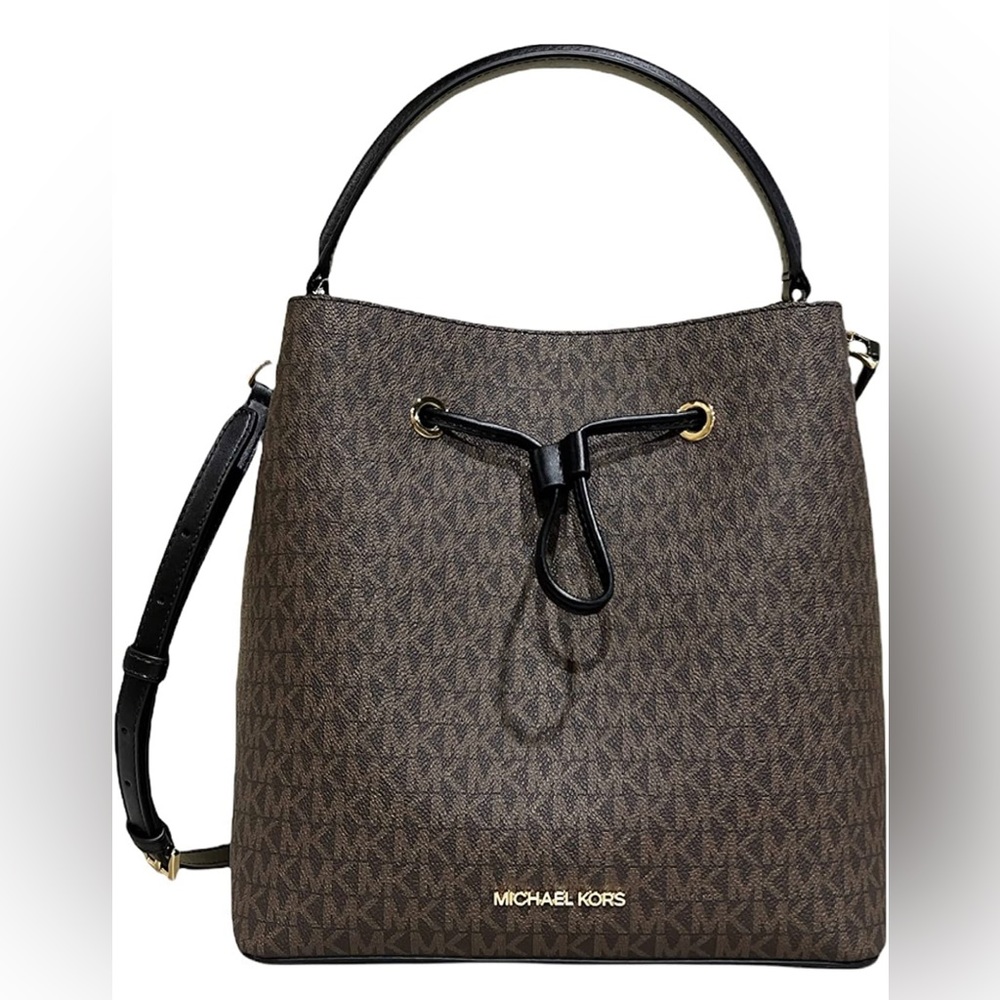Michael Kors Suri large bucket bag in brown leather with mk logo
